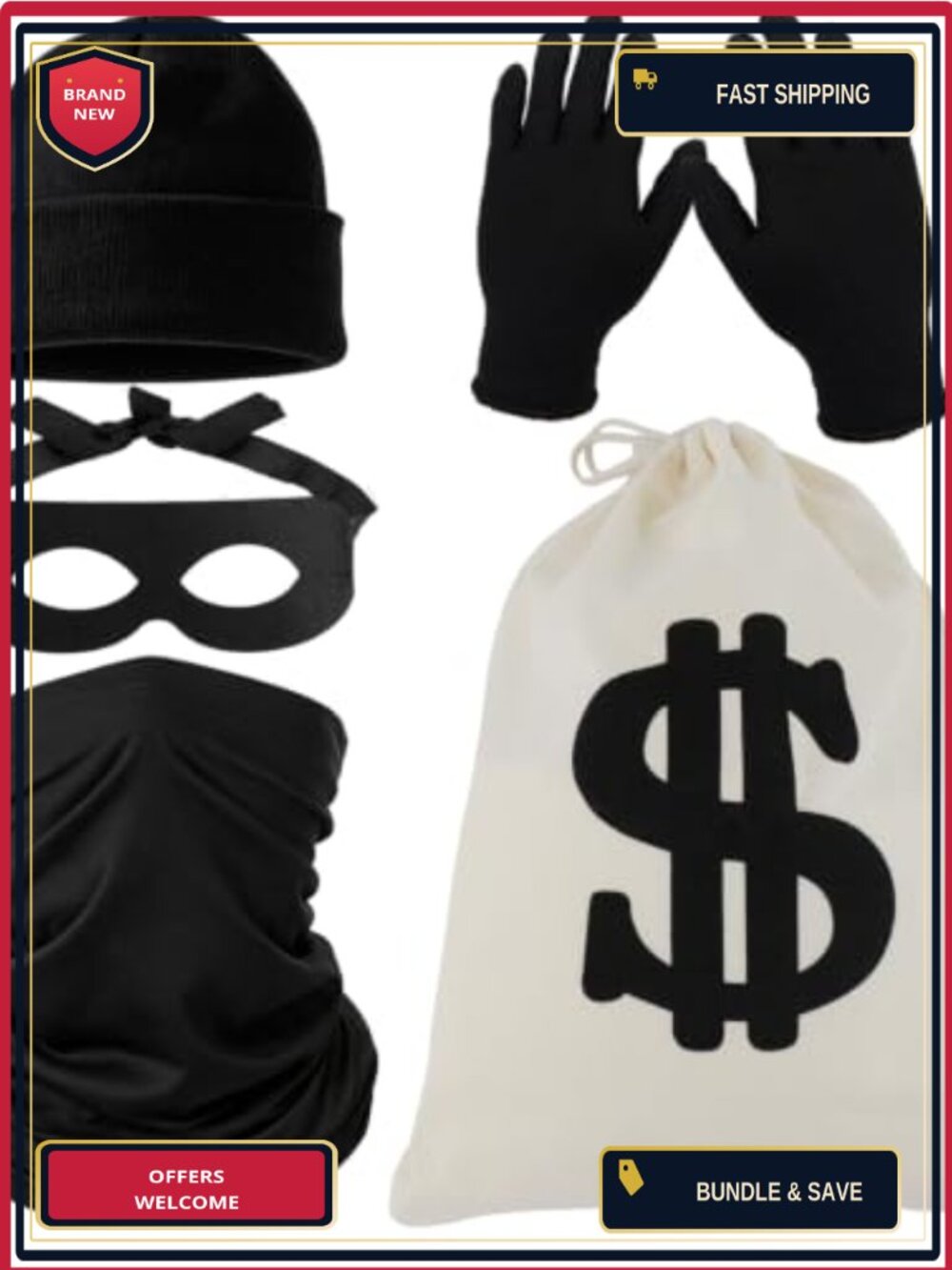5pc Robber Costume Set Adult Bank Thief Cosplay Hat Bag Eye Mask Collar Gloves